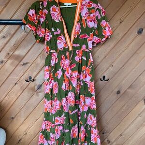 THML Olive Maxi Dress with Pink & Orange Floral Print